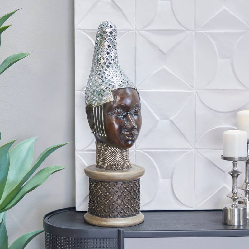 Brown Polystone Primitive African Mask and Standing African Woman Sculpture Wall Decor