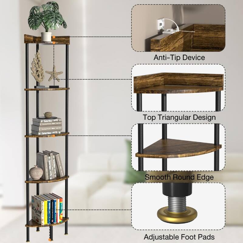 5 Tier Corner Shelf with Drawer Storage - 15.75"D x 11"W x 65.33"H