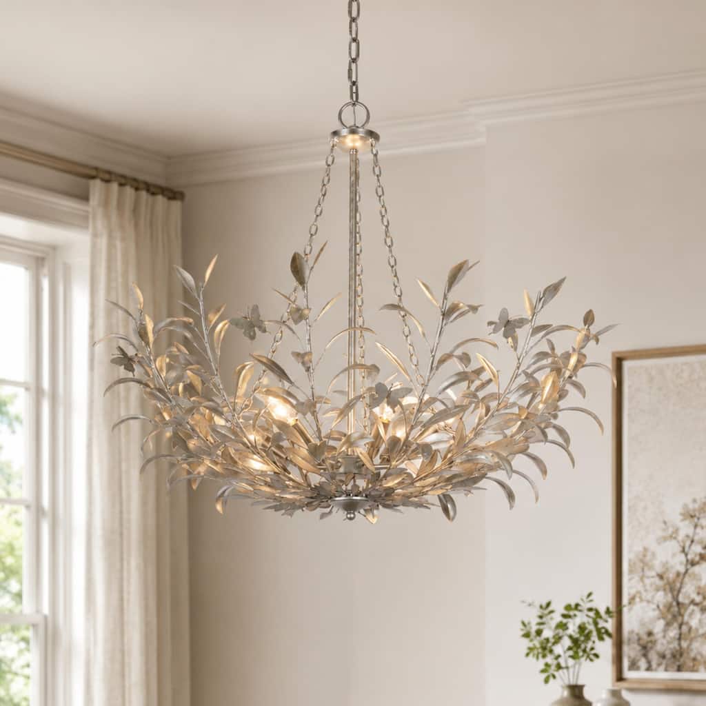 Aureflor Modern Vintage 6-Light Silver Chandelier Handcrafted Silver Foil Antique Leaf & Butterfly Ceiling Light