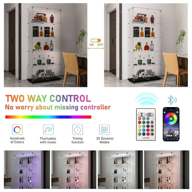 Tempered Glass Display Cabinet,Wine Cabinet,Storage Cabinet with Bluetooth LED Light Strips, Lock on Door, Tempered Glass Top