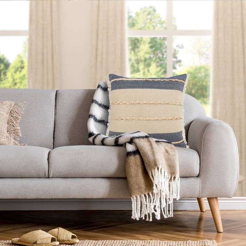 24" Tan and Blue Striped Square Throw Pillow with Jute Braiding