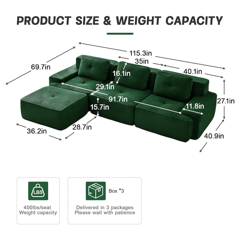 Roomfitters No Assembly Modular Sofa, 117 Inch Corduroy 3-Seater with Piping, Green