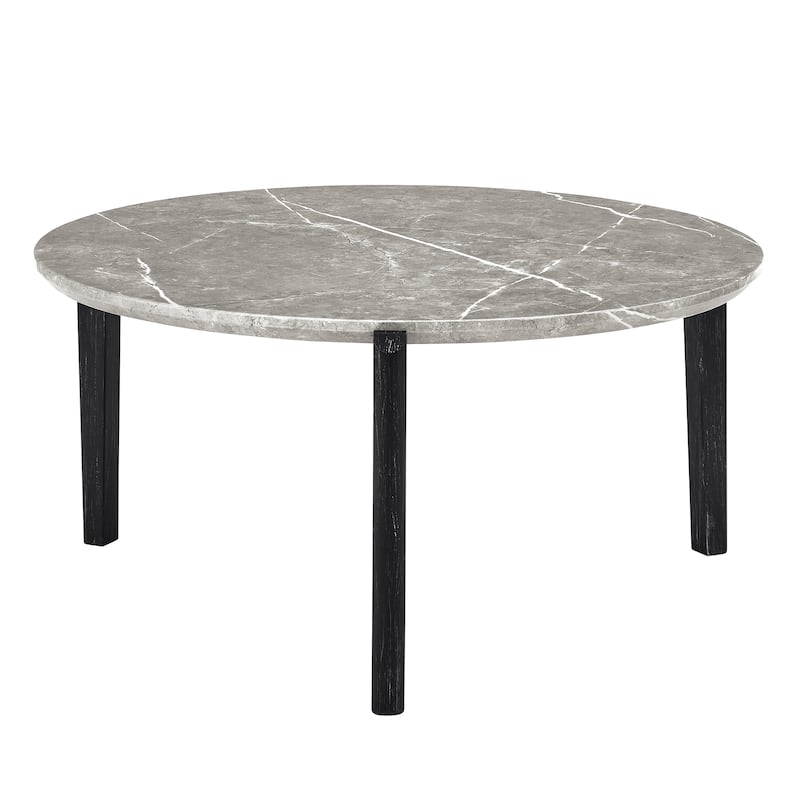 36-Inch Modern Round Coffee Table,Stylish Imitation Marble Top with Durable Rubberwood Legs,Chic Wooden Coffee Table