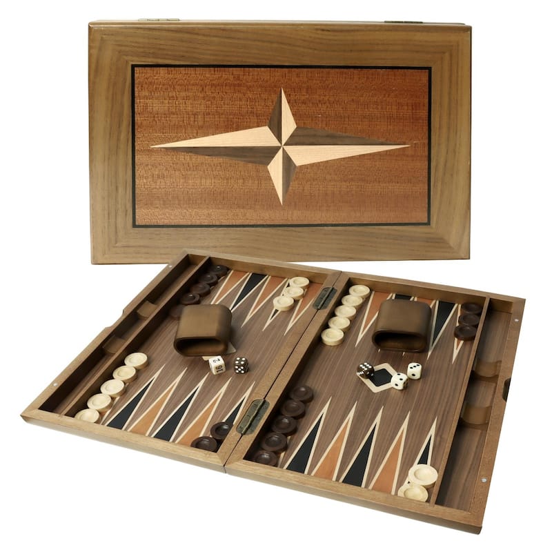 GSE™ 11" Premium Wooden Inlay Backgammon Board Game Set, Portable Folding Backgammon Board Game with Game Pieces - 11-Inch - Brown