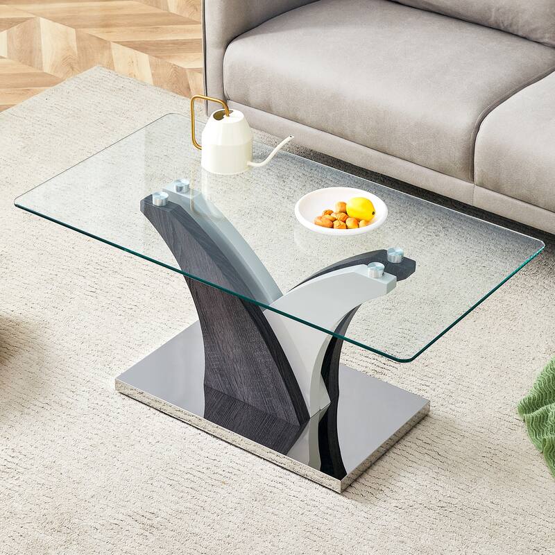 39.4" Modern Rectangular Coffee Table with Tempered Glass Countertop and Artistic MDF Legs