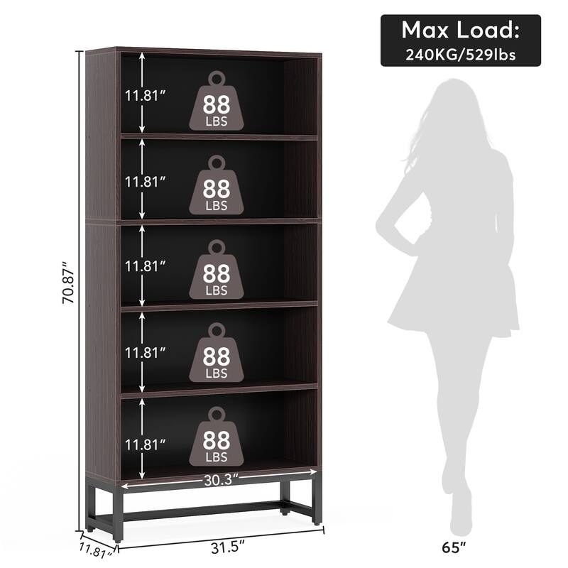 70.8 Inches Tall Bookcase and Bookshelf, 5-Tier Large Bookcases - 11.81"D x 31.5"W x 70.87"H