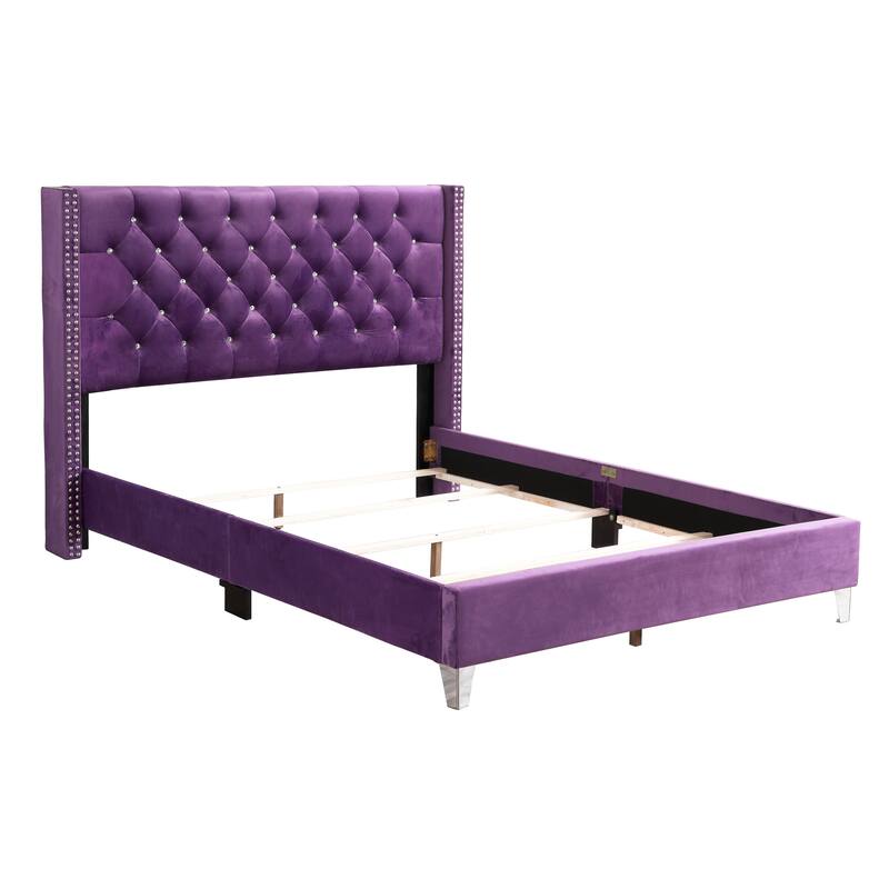 Purple Queen Bed with Storage and Upholstered Fabric