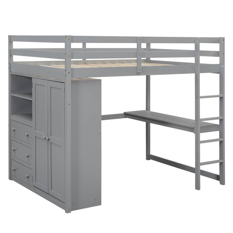 Full Size Solid Wood Loft Bed with Built-in Wardrobe, Desk, Storage Shelves and Drawers