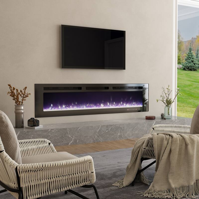 LED Recessed Electric Fireplace with 3 Top Light Colors, Remote Control, Adjustable Heating, and Touch Screen 1500W, Black