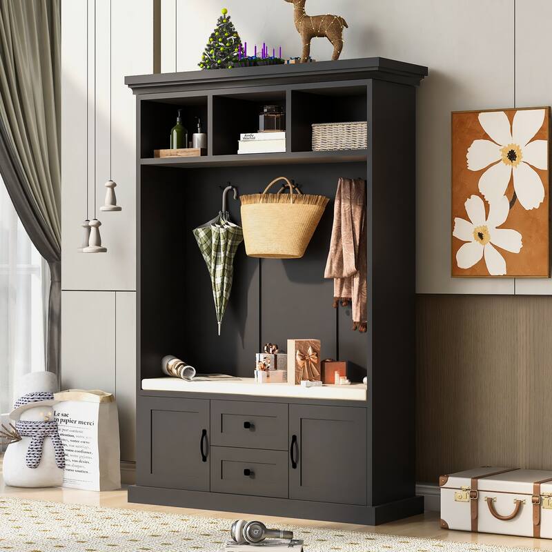 Hall Tree with 3 Hooks，Coat Hanger, Entryway Bench,Storage Bench, 3-in-1 Design,47.2INCH,for Entrance,Hallway