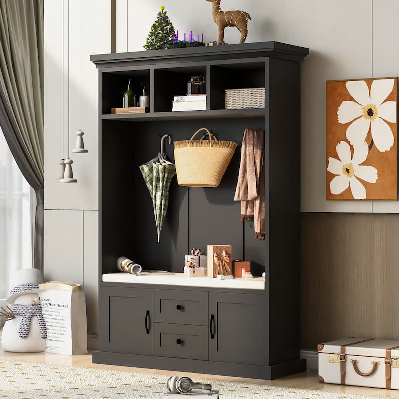 Multi-Functional Hall Tree with Coat Rack, Storage Bench, Shelves, and Drawers for Entryway Storage - Black