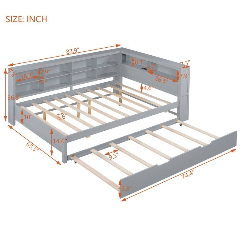 Wooden Full Size DayBed with Twin Size Trundle, DayBed with Storage Shelf and USB Charging Ports