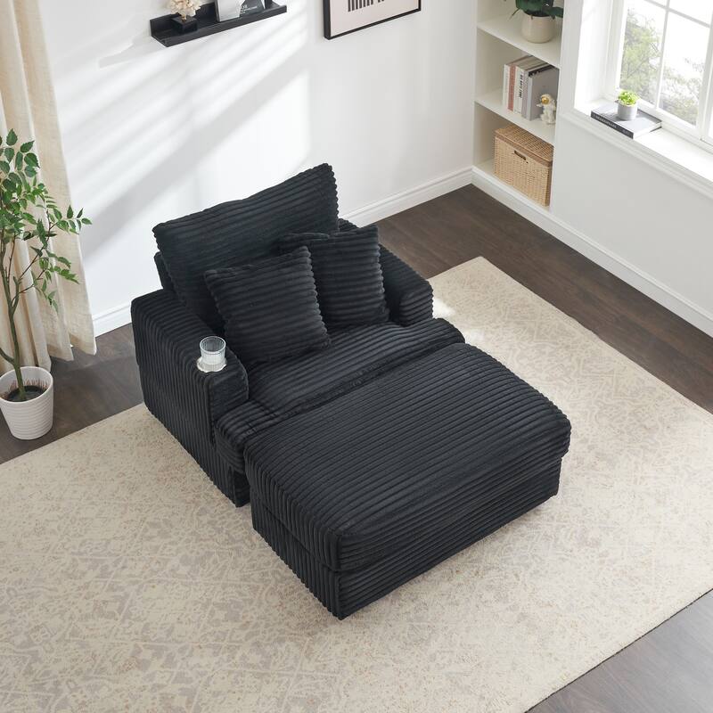 39-inch Black Corduroy Upholstered Armchair and Ottoman Set with Cup Holder, 1-Seater Sofa for Various Scenes