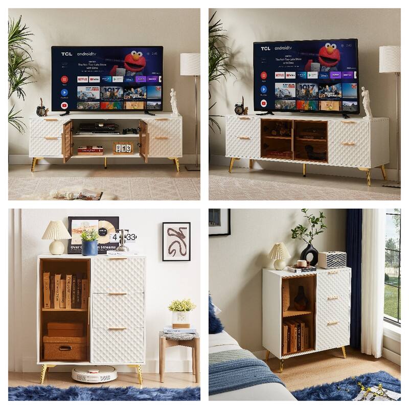 Modern Carved TV Stand and cabinet Set of 2, Entertainment Center for 65 Inch TV,Modern cabinet with Three Drawer