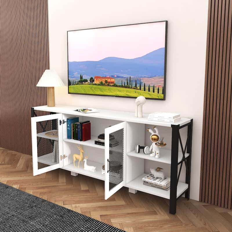 80'' Farmhouse TV Stand, Wood and Metal Entertainment Center with Open Shelves & Mesh Door Storage