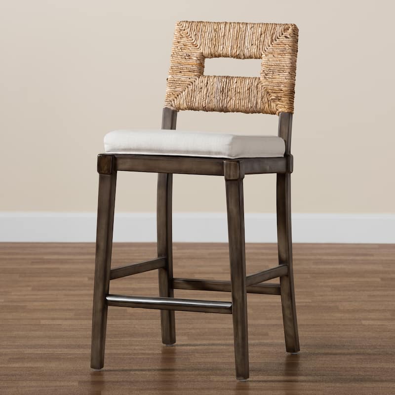 Porsha Modern Bohemian Dark Brown Finished Mahogany Wood and Natural Rattan Counter Stool