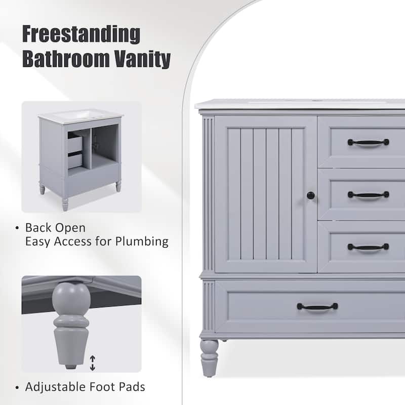 Roomfitters Bathroom Vanity with Sink, Single Door Cabinet and Three Drawers, Solid Wood Legs