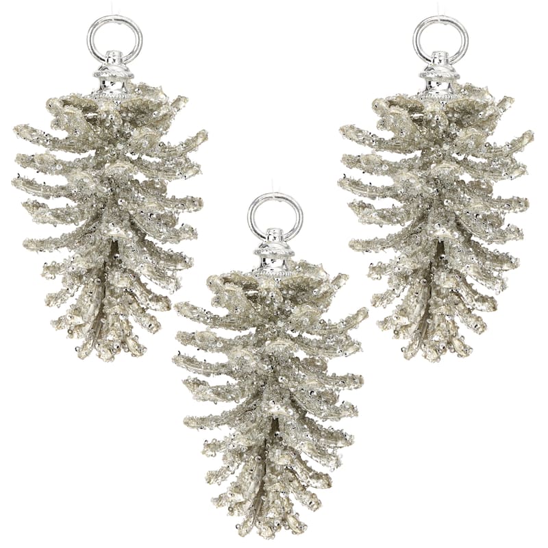 7" Iced Pinecone Ornament Set of 3