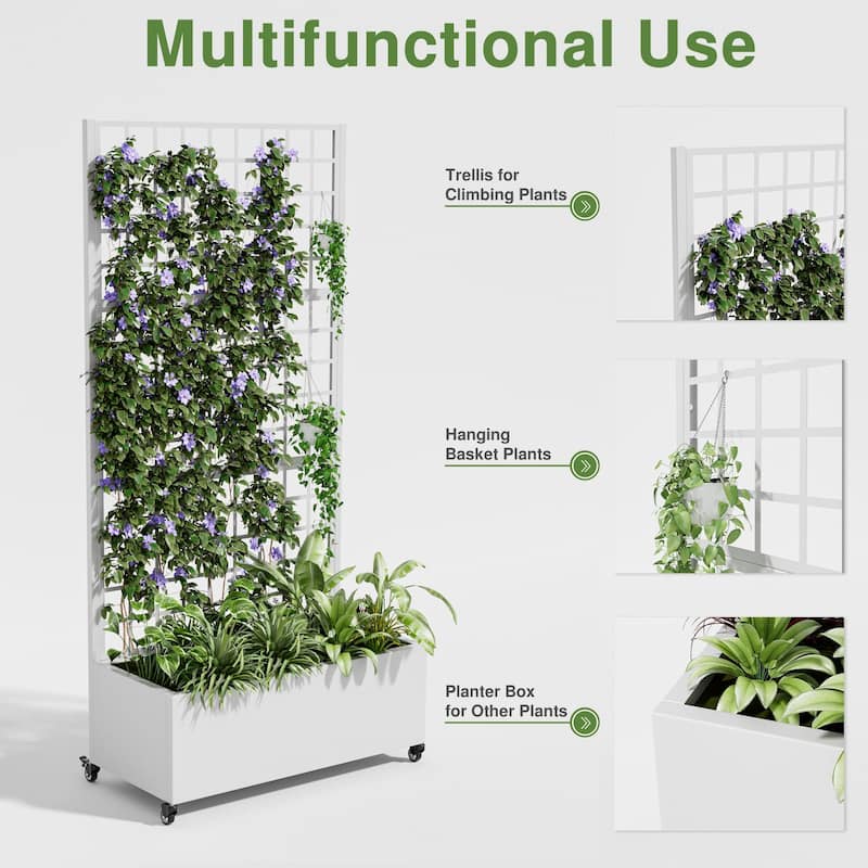 Movable Raised Garden Bed with Trellis and Lockable Wheels - 71*35