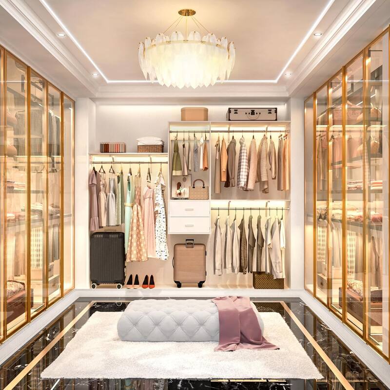 96'' Hanging Closet System with 3 Hanging Rod ＆ 3 Shelving Towers ＆ 2 Drawers,8FT Walk in Closet Organizer System