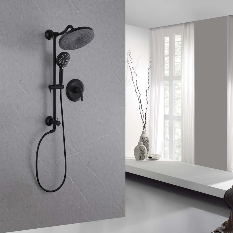 High Pressure 5-Way 10'' Rain Shower Head Black with Handheld Shower Slide Bar - Valve included