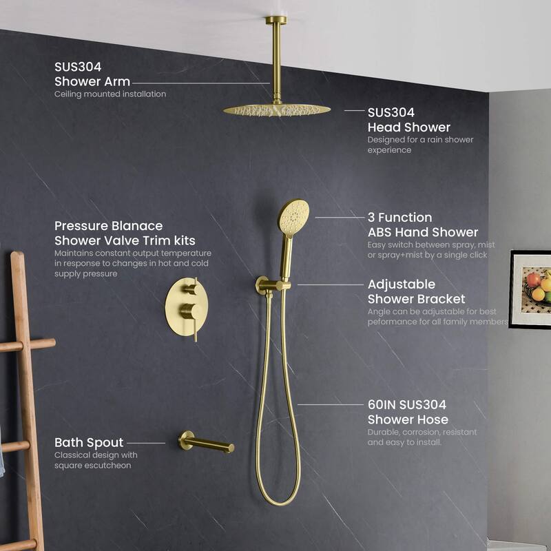 Pressure Balanced Ceiling Mounted 3-Function Shower System with Rough In Valve