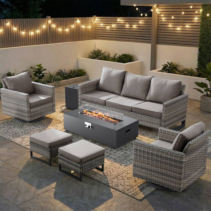Pocassy Patio 5/7PCS Sofa Swivel Chair Ottoman with Fire Pit Table - Gray Wicker Gray Cushion - 7-Piece Sofa Swivel Chair Ottoman with Fire Table