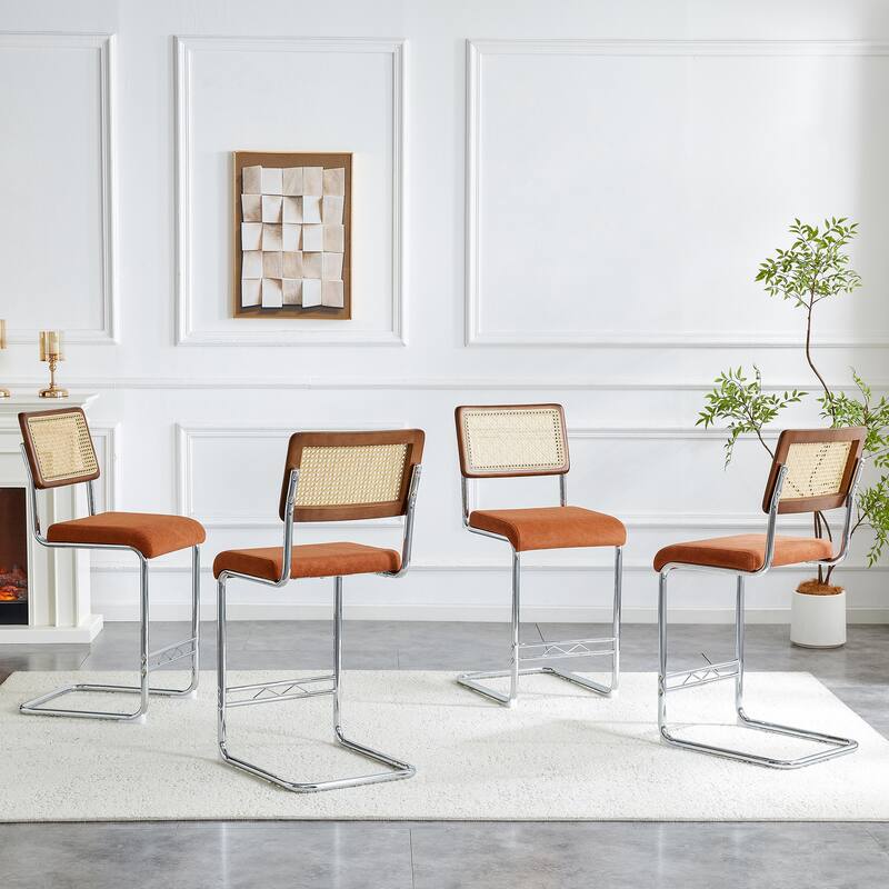 Natural Rattan & Solid Wood Bar Stool Set of 4 - 25" Medieval Modern Style with PU Seat & Chrome Legs