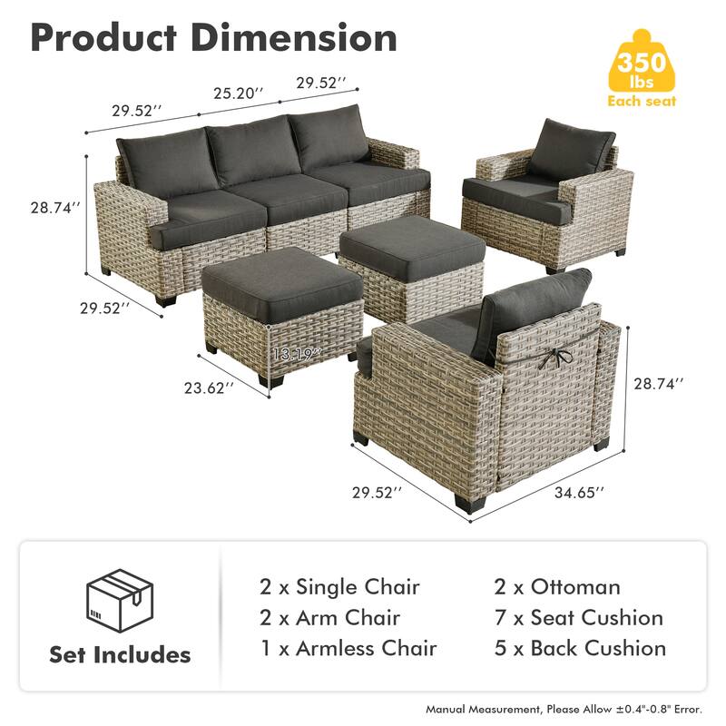 XIZZI 7 Pieces Patio Furniture Wide Armrest Conversation Sofa Set with Ottomans
