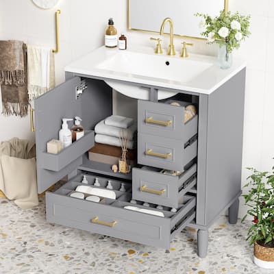 30" Bathroom Vanity with Ceramic Sink, Soft-Close Door, Built-in Shelf & Ample Storage