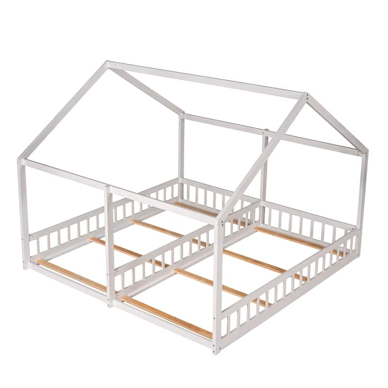 Twin Size Creativity House Bed, Double Twin Floor Bed Frame with Slat, Two Shared Beds, Wooden Kids Playhouse Bed Frame for 2