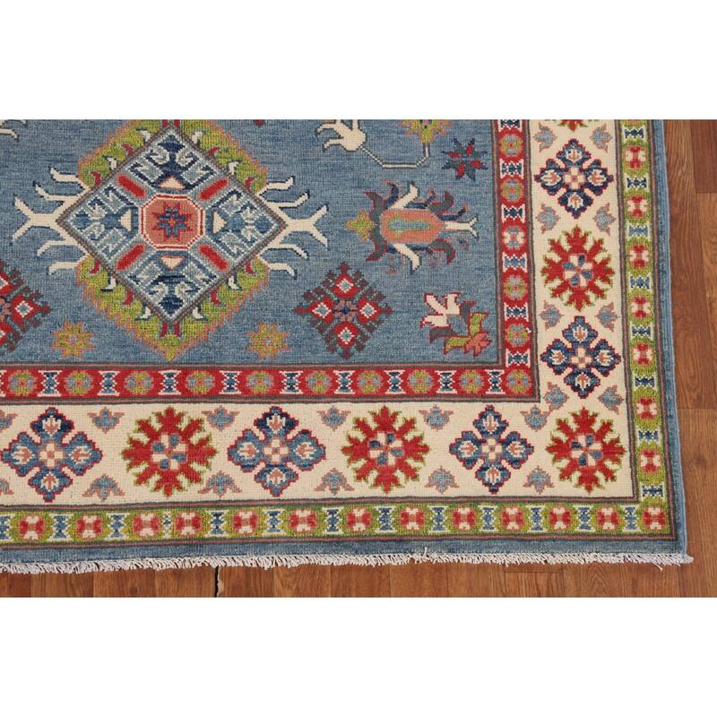Blue Geometric Kazak Oriental Area Rug Handmade Oriental Wool Carpet - 4'11" x 6'9"