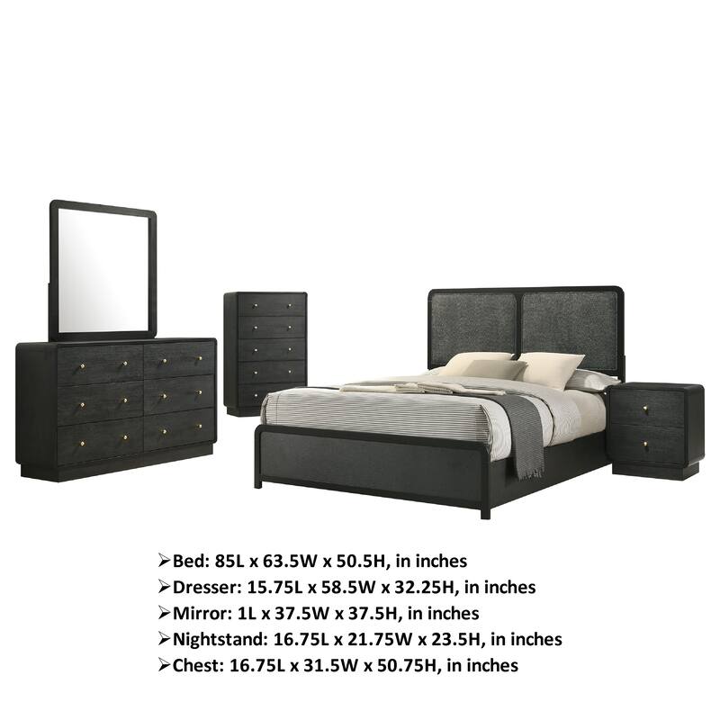 Cavy 5pc Queen Bedroom Set, Charcoal Gray Upholstery, Gold