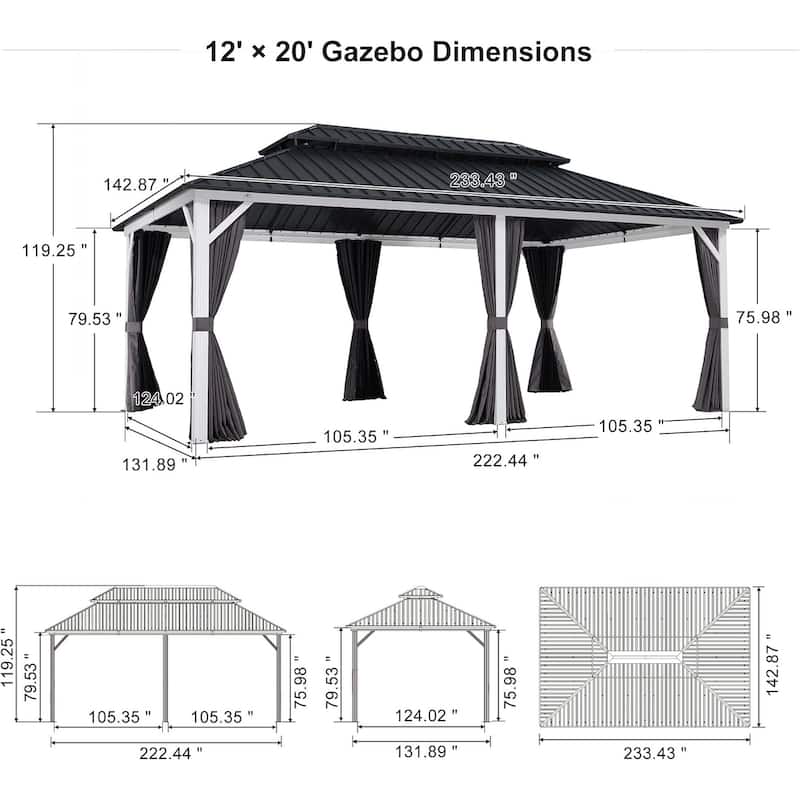 PURPLE LEAF Patio Hardtop Gazebo for Outdoor Grey Galvanized Steel Double Roof White Aluminum Poles