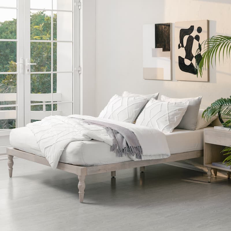 MH London Rhonda Solid Mango Wood Platform Bed - Whitewash - Queen