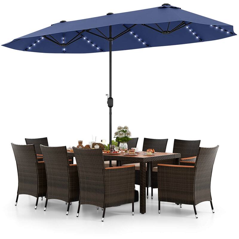 11 PCS Patio Dining Set Outdoor Rattan Furniture Set w/ 15ft Umbrella - Navy