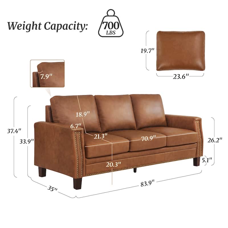 Mid-Century Modern 3-Seater Sofa 84" in Upholstered Genuine Leather with Solid Wood Frame for Living Room