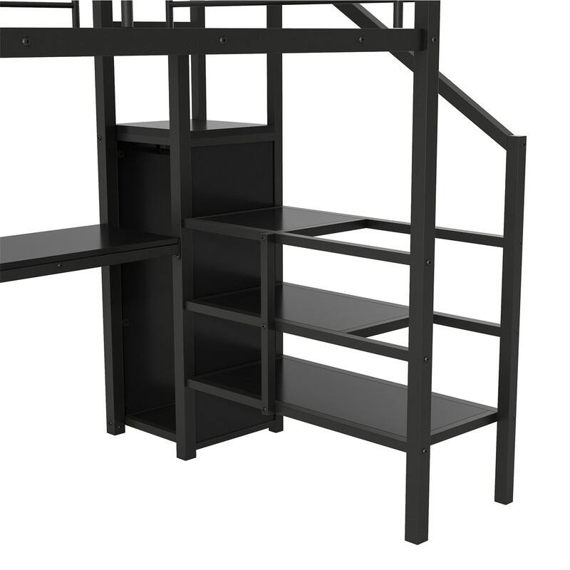 Metal Loft Bed with Bulit-in Desk, Small Wardrobe and LED Light, Full Size Loft Bedframe w/ Storage Staircase & Shelves for Kids