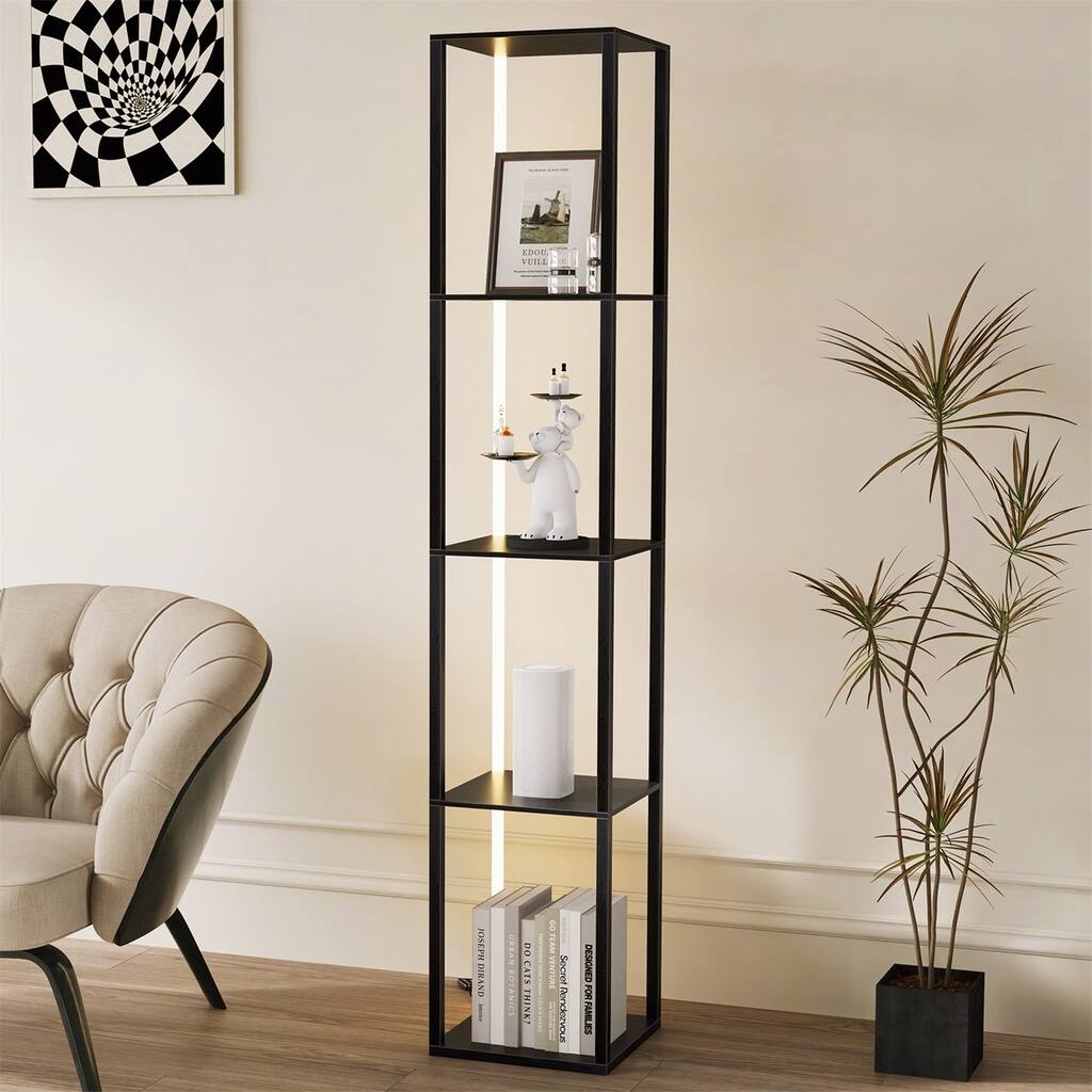 66" Glass Corner Floor Lamp with Shelves, Luxury Display Shelf with Lights, Glass Shelf Floor Lamp Full Spectrum LED Brightness
