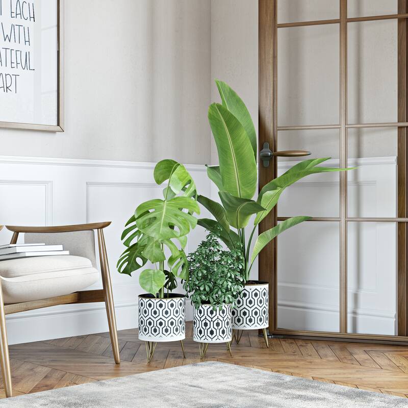 Andrey Black/White Hexagonal Indoor Metal Pot Planters (Set of 3) - 11.5"H x 8.5"W x 8.5"D