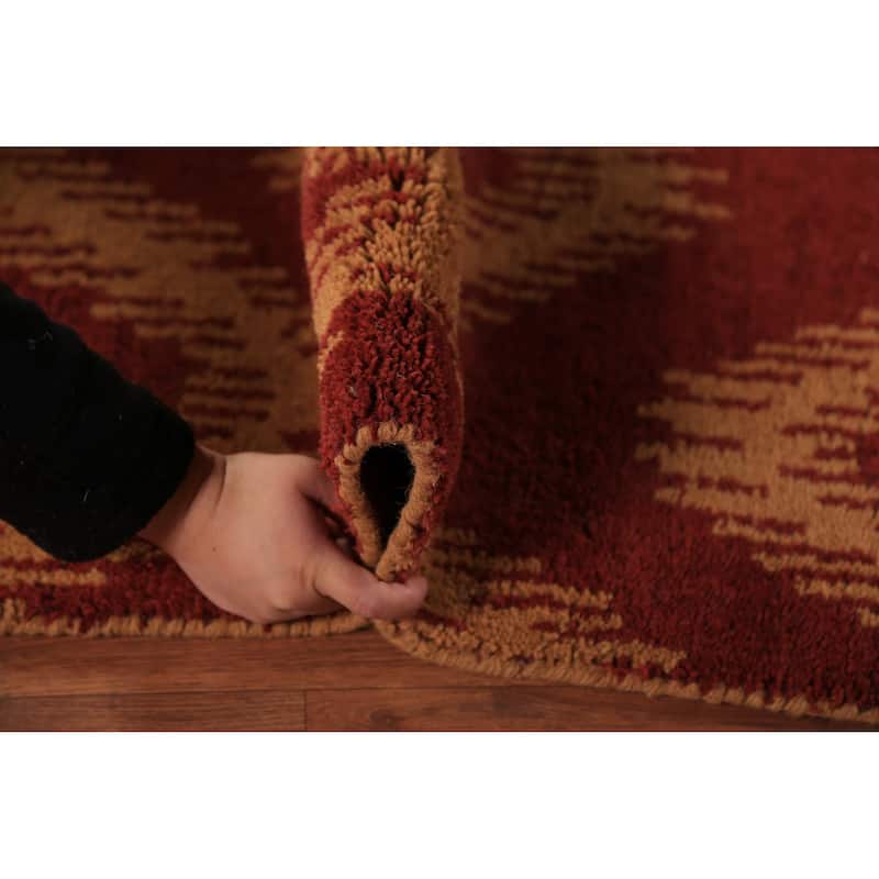 Hand Knotted Oriental 100% Wool Carpet Modern Geometric Red Moroccan Area Rug - 9' 7'' X 7' 11''