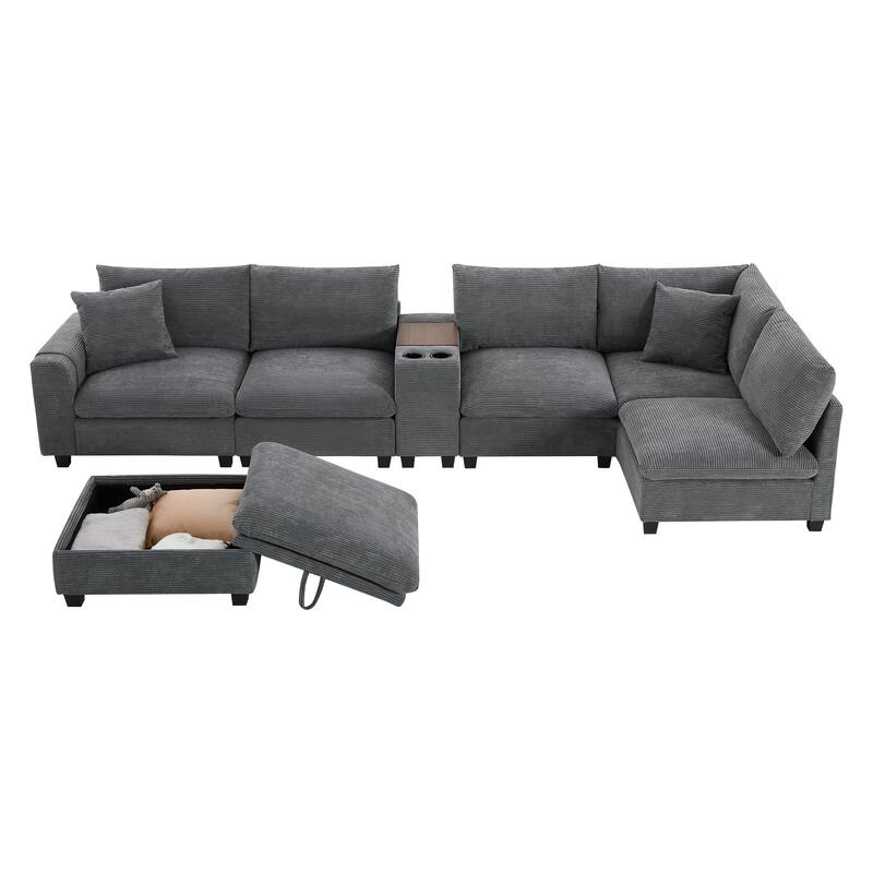 140" Corduroy U-Shaped Modular Sectional Sofa with Storage Ottoman & Console,and USB Charger, Cup Holders & 30" Wide Seats