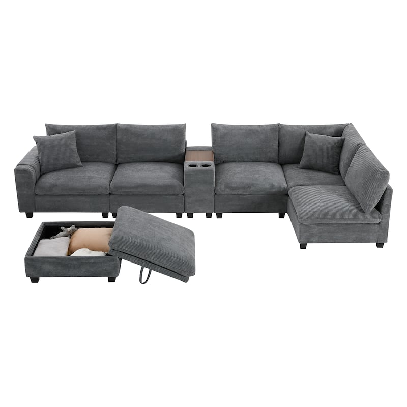 U-Shaped Chenille Upholstered Storage Sofa w/ Ottoman, Cup Holder, USB