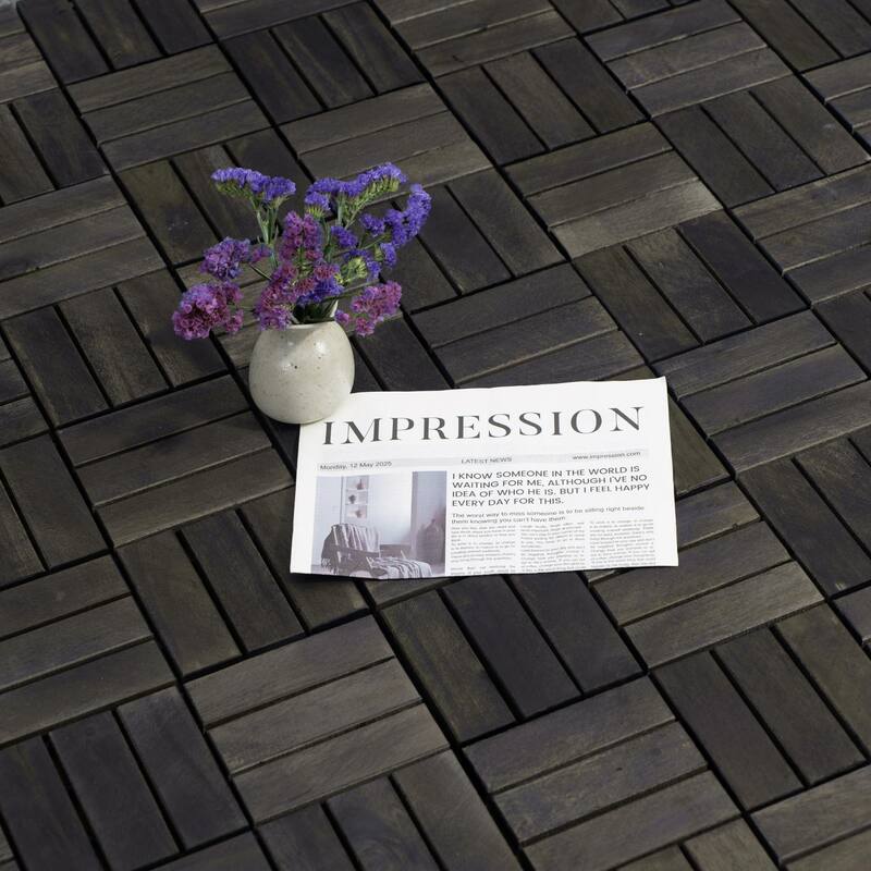 12" x 12" Dark Brown Acacia Wood Interlocking Deck Tiles Checker Pattern