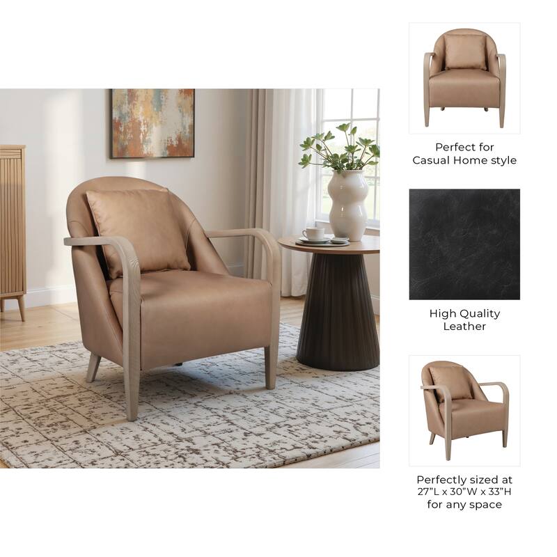Faux Leather Wood Accent Chair Curved Armrests with Cushion - 33" Tan - 27" x 30" x 33"