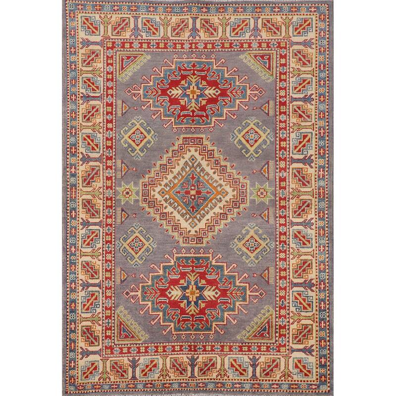 Grey Geometric Kazak Area Rug Handmade Oriental Wool Carpet - 4'1" x 6'2"