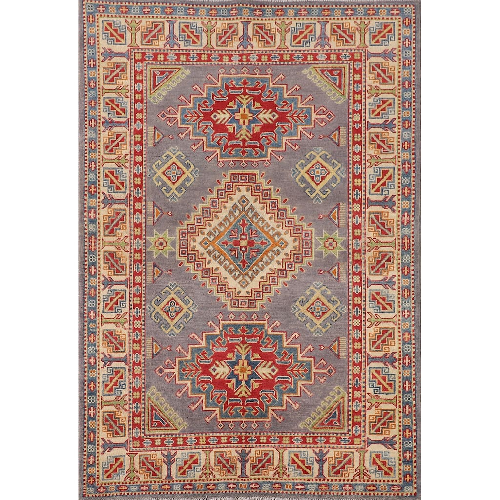 Grey Geometric Kazak Area Rug Handmade Oriental Wool Carpet - 4'1" x 6'2"