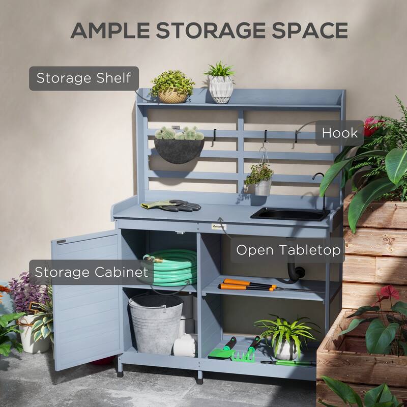 Outsunny Wooden Potting Bench, Outdoor Potting Table with Storage Cabinet, Storage Shelves, Sink