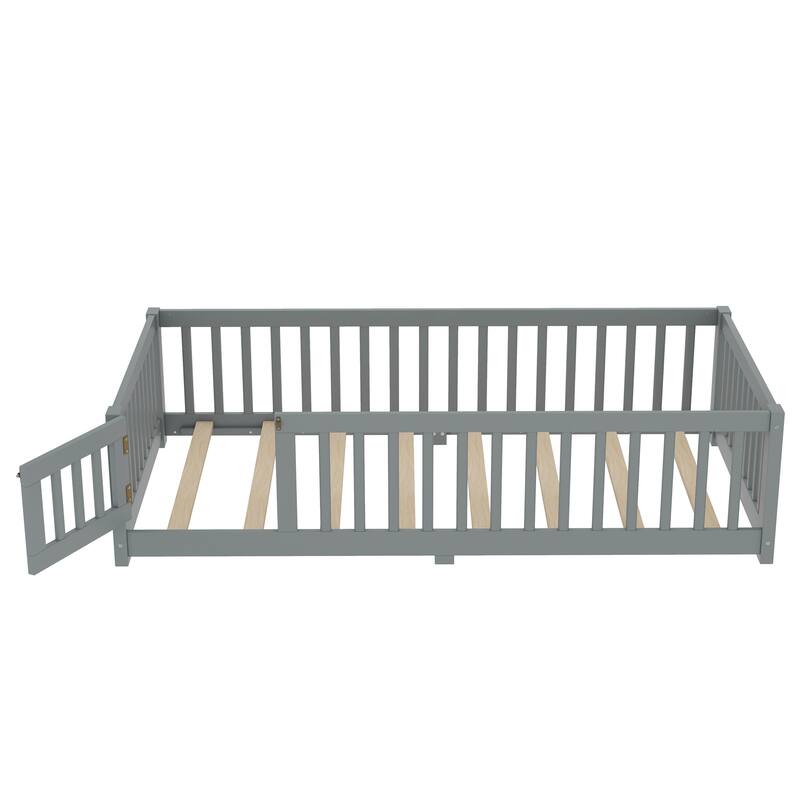 Kids Twin Size Floor Bed with Safety Guardrails and Door, Gray