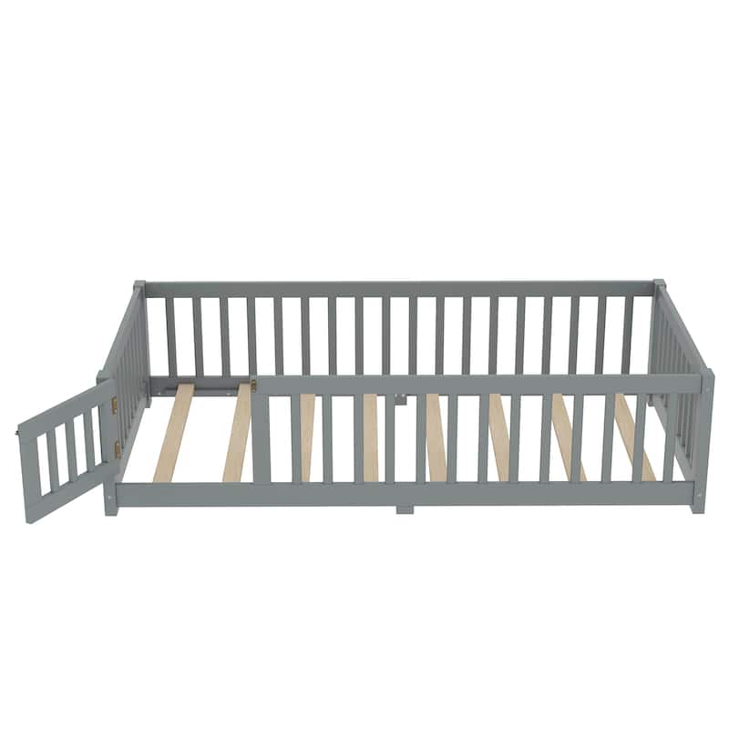 Montessori Toddler Floor Bed with Fence and Switchable Door, Low Profile Bed Frame with Removable Slats, Safe Transition Bed